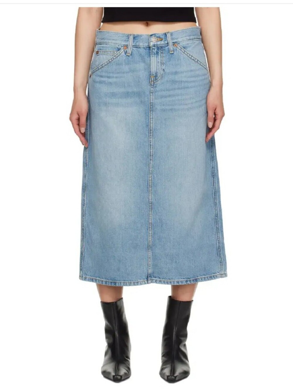 NWT Re/Done Vintage Wash Light Blue Denim Buttoned Back Slit Midi Skirt 30